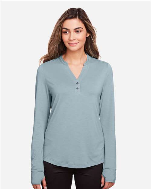 North End NE400W Women's JAQ Stretch Performance V-Neck Snap Pullover - Opal Blue - model front