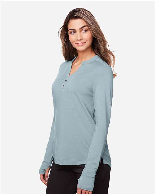 North End NE400W Women's JAQ Stretch Performance V-Neck Snap Pullover - Opal Blue - model side