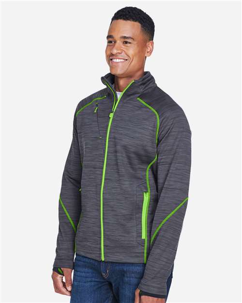 North End 88697 Men's Flux Mélange Bonded Fleece Jacket - Carbon/ Acid Green - model side
