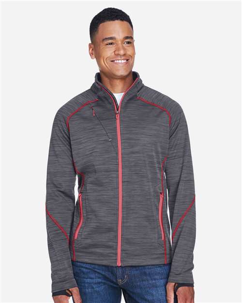 North End 88697 Men's Flux Mélange Bonded Fleece Jacket - Carbon/ Olympic Red - model front