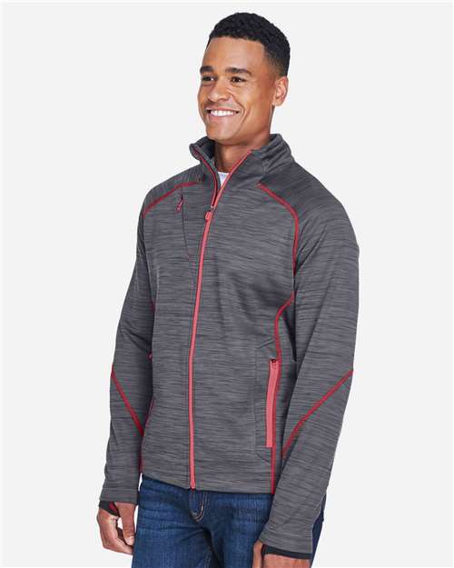 North End 88697 Men's Flux Mélange Bonded Fleece Jacket - Carbon/ Olympic Red - model side