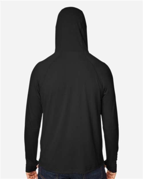 North End NE105 Unisex JAQ Stretch Performance Hooded Long Sleeve T-Shirt - Black - model back