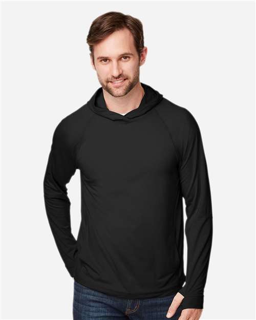 North End NE105 Unisex JAQ Stretch Performance Hooded Long Sleeve T-Shirt - Black - model front