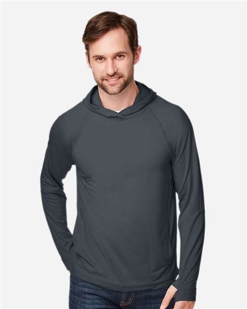 North End NE105 Unisex JAQ Stretch Performance Hooded Long Sleeve T-Shirt - Carbon - model front