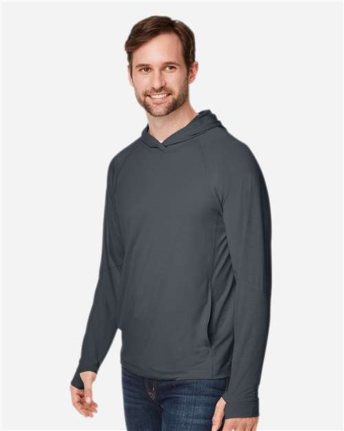 North End NE105 Unisex JAQ Stretch Performance Hooded Long Sleeve T-Shirt - Carbon - model side