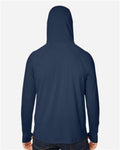 North End NE105 Unisex JAQ Stretch Performance Hooded Long Sleeve T-Shirt - Classic Navy - model back