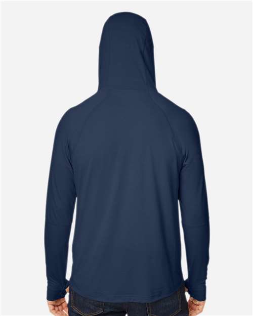 North End NE105 Unisex JAQ Stretch Performance Hooded Long Sleeve T-Shirt - Classic Navy - model back