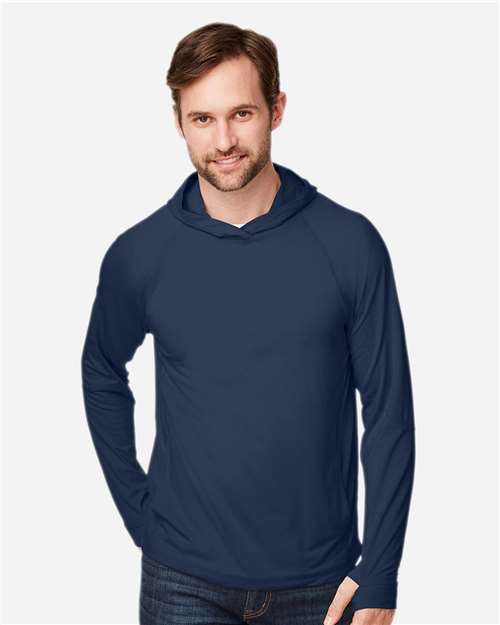 North End NE105 Unisex JAQ Stretch Performance Hooded Long Sleeve T-Shirt - Classic Navy - model front