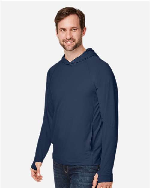 North End NE105 Unisex JAQ Stretch Performance Hooded Long Sleeve T-Shirt - Classic Navy - model side