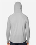 North End NE105 Unisex JAQ Stretch Performance Hooded Long Sleeve T-Shirt - Platinum - model back