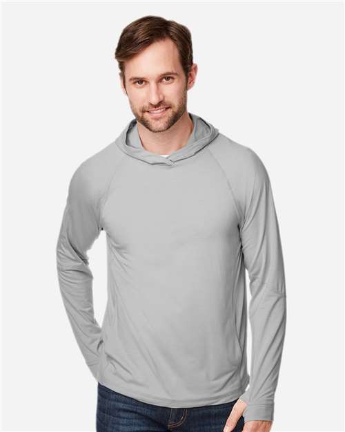 North End NE105 Unisex JAQ Stretch Performance Hooded Long Sleeve T-Shirt - Platinum - model front
