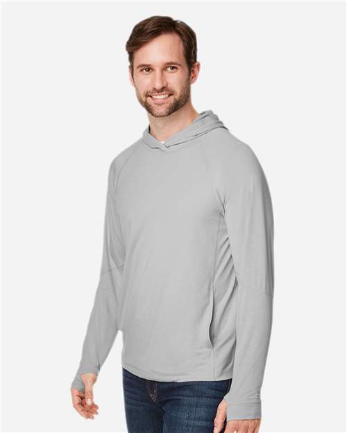 North End NE105 Unisex JAQ Stretch Performance Hooded Long Sleeve T-Shirt - Platinum - model side