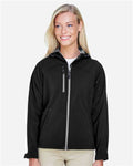 North End 78166 Women's Prospect Two-Layer Fleece Bonded Soft Shell Hooded Jacket - Black - model front