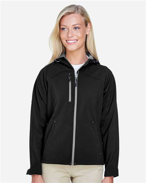 North End 78166 Women's Prospect Two-Layer Fleece Bonded Soft Shell Hooded Jacket - Black - model front