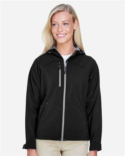 North End 78166 Women's Prospect Two-Layer Fleece Bonded Soft Shell Hooded Jacket - Black - model front