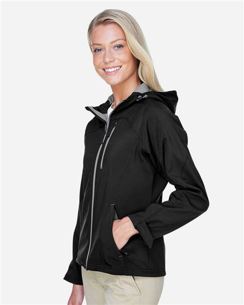 North End 78166 Women's Prospect Two-Layer Fleece Bonded Soft Shell Hooded Jacket - Black - model side