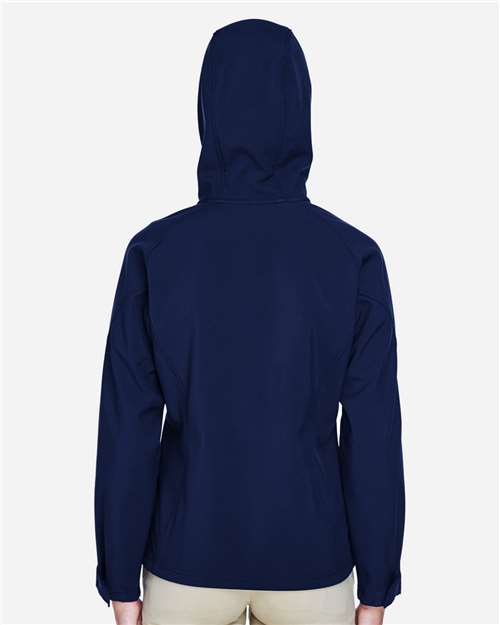 North End 78166 Women's Prospect Two-Layer Fleece Bonded Soft Shell Hooded Jacket - Classic Navy - model back