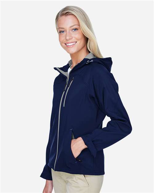 North End 78166 Women's Prospect Two-Layer Fleece Bonded Soft Shell Hooded Jacket - Classic Navy - model side