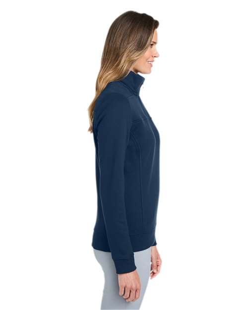 vineyard vines K002795 Women’s Collegiate Shep Quarter-Zip Sweatshirt - Vineyard Navy - model side