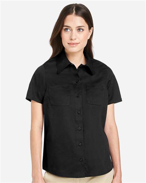 Harriton M585W Women's Advantage IL Short Sleeve Dress Shirt - Black - model front