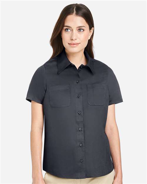 Harriton M585W Women's Advantage IL Short Sleeve Dress Shirt - Dark Charcoal - model front