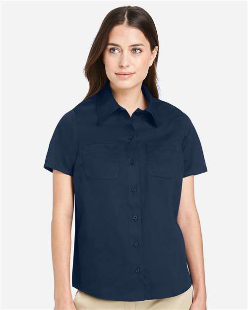 Harriton M585W Women's Advantage IL Short Sleeve Dress Shirt - Dark Navy - model front