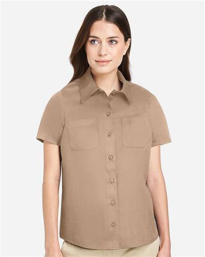 Harriton M585W Women's Advantage IL Short Sleeve Dress Shirt - Khaki - model front