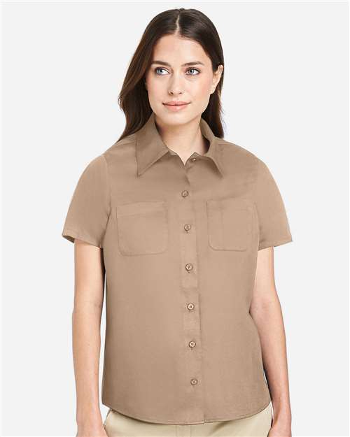 Harriton M585W Women's Advantage IL Short Sleeve Dress Shirt - Khaki - model front