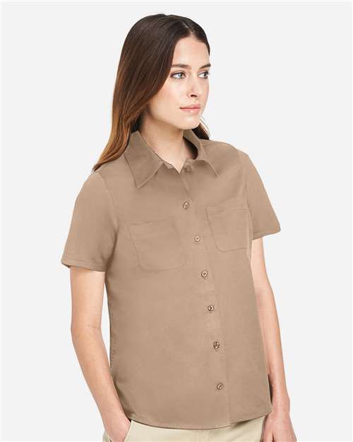 Harriton M585W Women's Advantage IL Short Sleeve Dress Shirt - Khaki - model side
