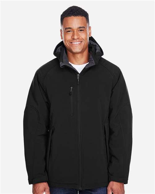 North End 88159 Men's Glacier Insulated Three-Layer Fleece Soft Shell Hood Jacket with Detachable Hood - Black - model front