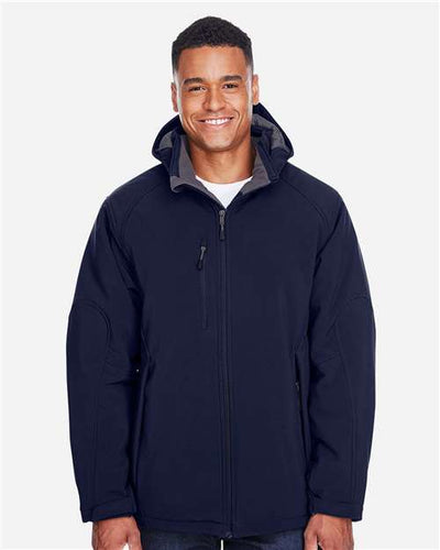 North End 88159 Men's Glacier Insulated Three-Layer Fleece Soft Shell Hood Jacket with Detachable Hood - Classic Navy - model front