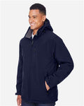 North End 88159 Men's Glacier Insulated Three-Layer Fleece Soft Shell Hood Jacket with Detachable Hood - Classic Navy - model side