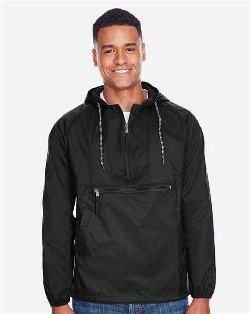 Harriton M750 Men's Packable Hooded Nylon Jacket - Black - model front