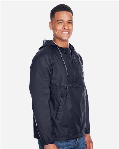 Harriton M750 Men's Packable Hooded Nylon Jacket - Navy - model side