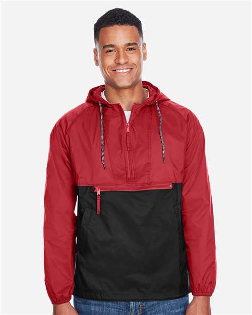 Harriton M750 Men's Packable Hooded Nylon Jacket - Red/ Black - model front