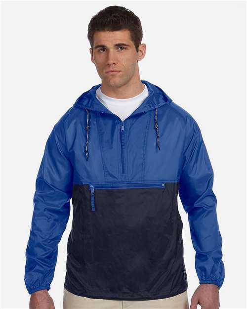 Harriton M750 Men's Packable Hooded Nylon Jacket - Royal/ Navy - model front