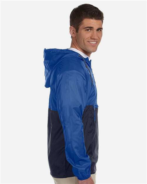 Harriton M750 Men's Packable Hooded Nylon Jacket - Royal/ Navy - model side