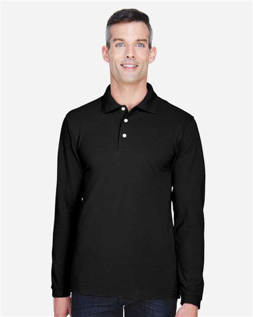 Harriton M265L Men's Easy Blend Long Sleeve Polo - Black - model front
