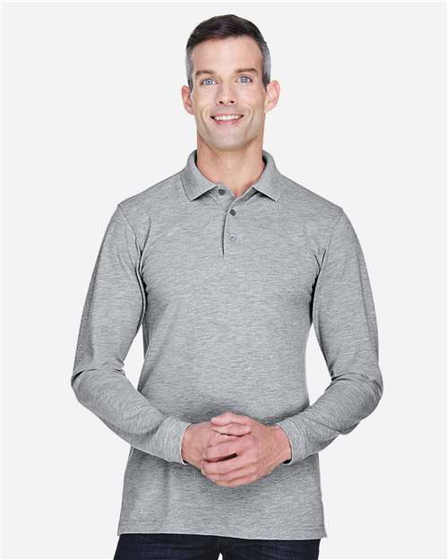Harriton M265L Men's Easy Blend Long Sleeve Polo - Grey Heather - model front