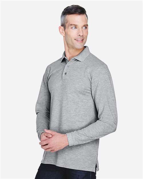 Harriton M265L Men's Easy Blend Long Sleeve Polo - Grey Heather - model side