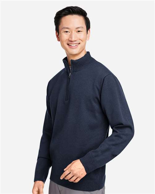 Harriton M421 Unisex Pilbloc Quarter-Zip Pullover Sweater - Dark Navy - model side