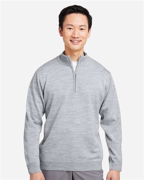 Harriton M421 Unisex Pilbloc Quarter-Zip Pullover Sweater - Grey Heather - model front