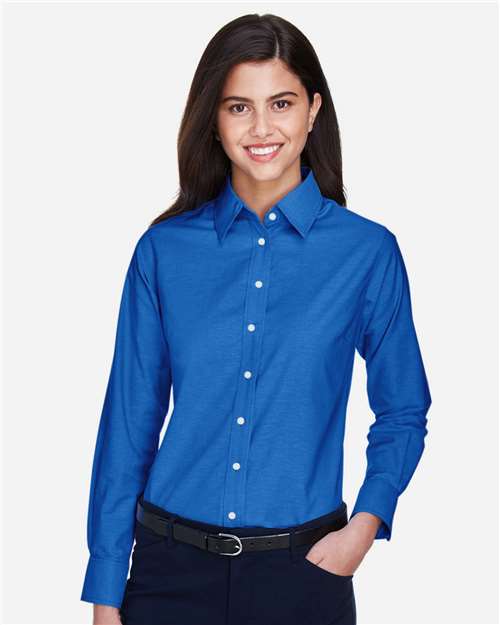 Harriton M600W Women's Long Sleeve Oxford Dress Shirt - French Blue - model front