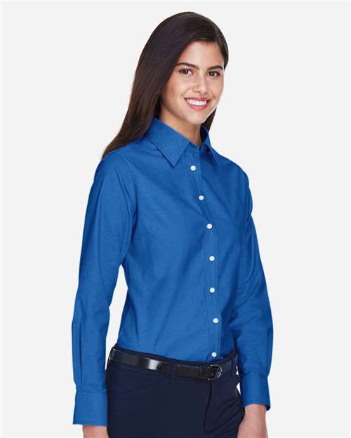 Harriton M600W Women's Long Sleeve Oxford Dress Shirt - French Blue - model side