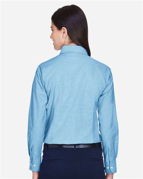 Harriton M600W Women's Long Sleeve Oxford Dress Shirt - Light Blue - model back