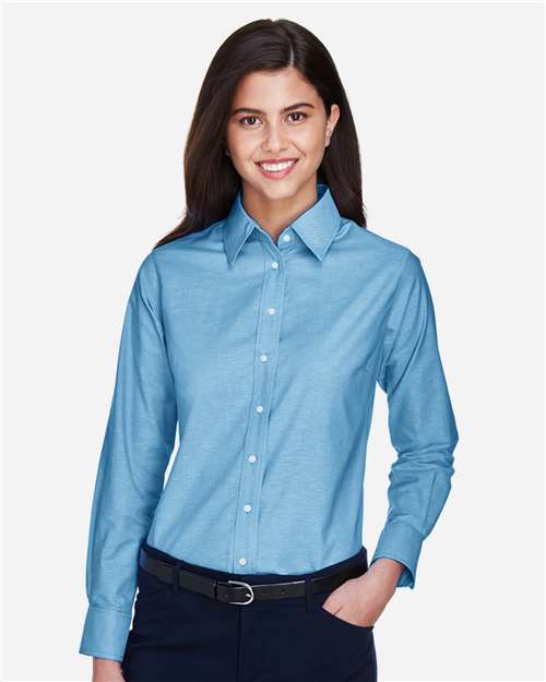 Harriton M600W Women's Long Sleeve Oxford Dress Shirt - Light Blue - model front
