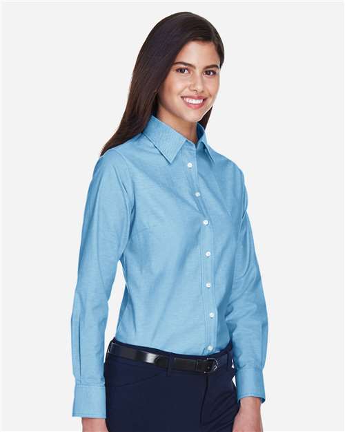 Harriton M600W Women's Long Sleeve Oxford Dress Shirt - Light Blue - model side