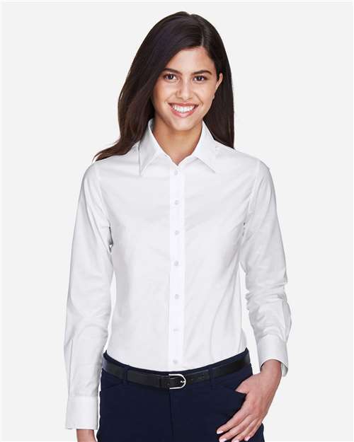 Harriton M600W Women's Long Sleeve Oxford Dress Shirt - White - model front
