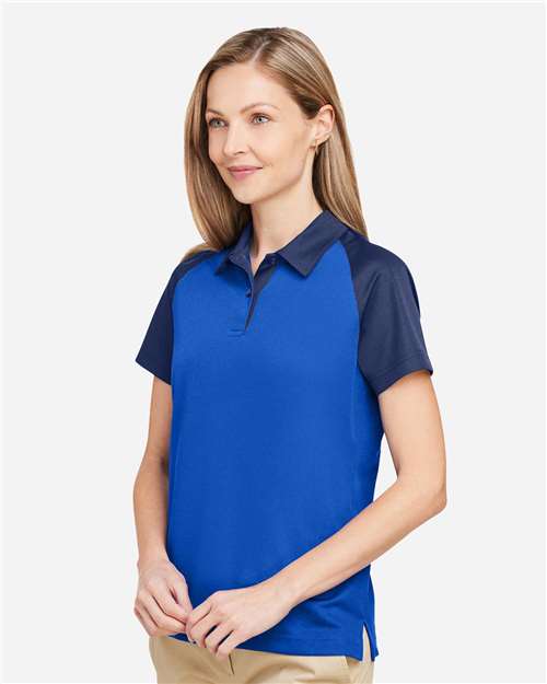Team 365 TT21CW Women's Command Snag-Protection Colorblock Polo - Sport Royal/ Sport Dark Navy - model side