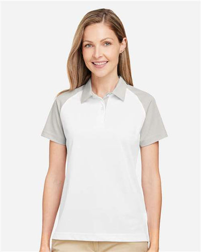 Team 365 TT21CW Women's Command Snag-Protection Colorblock Polo - White/ Sport Silver - model front